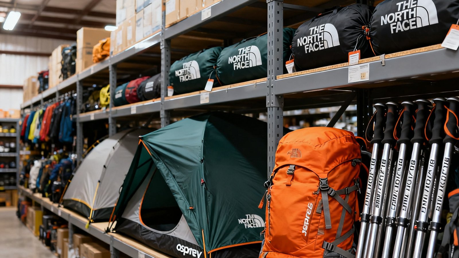 必一运动装备仓库内整齐陈列着The North Face帐篷、Osprey背包和Black Diamond登山杖等高端户外装备